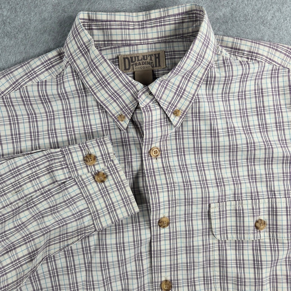 Duluth Trading Co Button Down Mens Large Tall Purple Blue Plaid Cotton Shirt